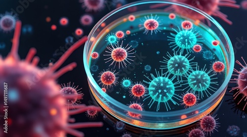 High magnification view of anthrax bacillus with glowing spore cells under microscope in abstract petri dish, microbiology, infectious disease, bioterrorism, science, danger, bacterial structure.