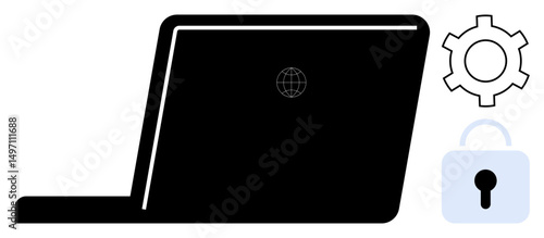 Laptop with global network symbol, gear for settings, and lock for security representing data protection, online safety, privacy, secured connections, and IT strategies. Ideal for tech, security