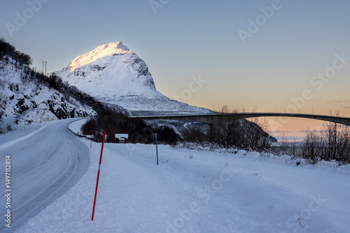 Winter road and a mountain, Norway