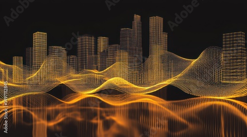 Golden, wireframe city skyline emerging from undulating, glowing energy waves against a black background