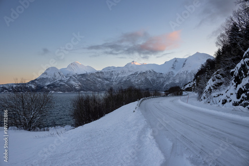 Winter road and a mountain, Norway