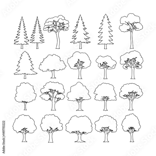 Minimal style cad tree line drawing, Side view, set of graphics trees elements outline symbol for architecture and landscape design drawing. Vector illustration in stroke fill in white. Tropical, oak