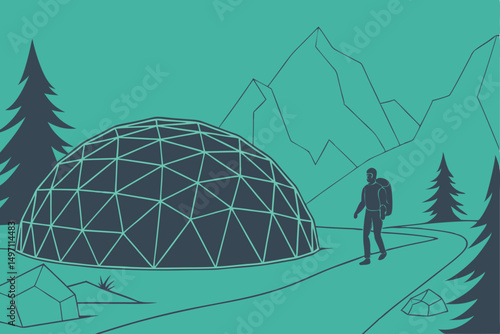 a modern geodesic dome tent surrounded by mountains and pine trees, highly detailed, vibrant colors, digital illustration, trending on artstation
