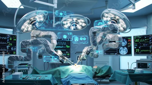 Futuristic Operating Room with Robotic Surgical Arms and Advanced Monitoring Technology