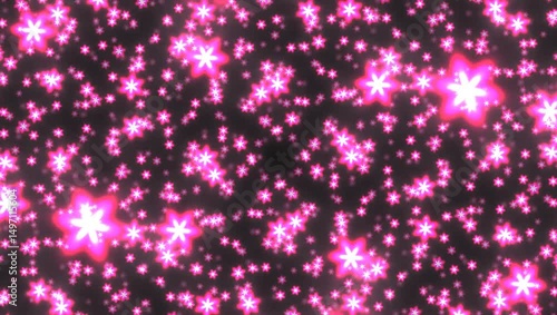 Neon pink glowing flower-shaped particles gently moving across dark blurred background in a seamless dreamy animation loop with soft glowing edges, Concept of fantasy, magic, motion and illusion
