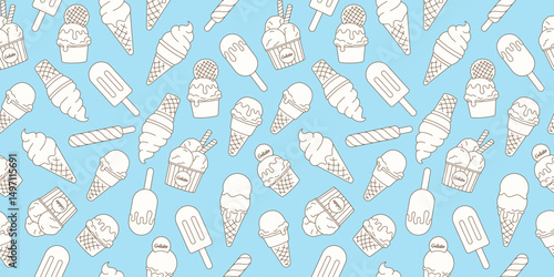 Summer seamless pattern soft vanilla ice cream, gelato in waffle cone, scoop in paper cup on blue background. Wallpaper National Ice Cream Day. Hand drawn Flat Vector illustration EPS10