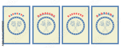 4th of July BBQ Party card set. Bbq Celebration. Independence Day holiday posters with national American symbols. Barbecue grill. Doodle hand drawn Outline Vector illustration. Editable stroke