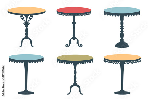 Set of Vintage table. Retro classic table with carved antique elements. Vintage icon. Luxury Old historical furniture in Victorian style. Vector illustration