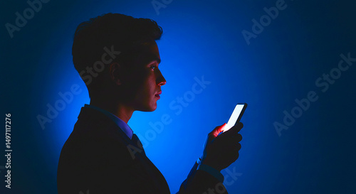 Foto Man in silhouette holding a glowing phone against a blue background looking to t
