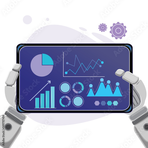 Futuristic AI data visualization concept with robotic hands presenting business intelligence interface