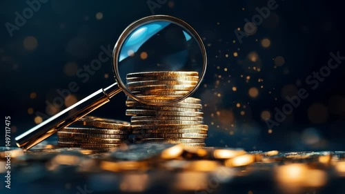 Wallpaper Mural Stack of gold coin with magnifying glass focusing on money, finance, and investment symbolizing financial growth and wealth Torontodigital.ca