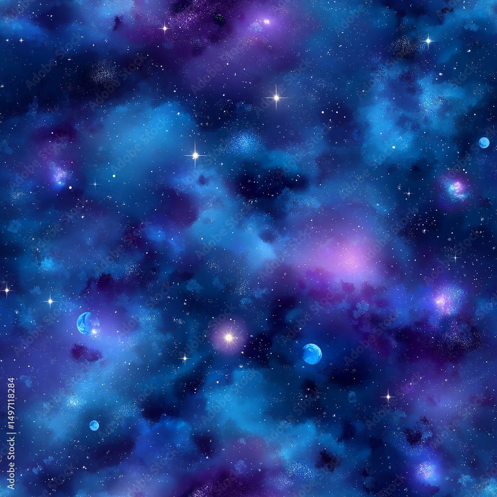 Naklejka premium Cosmic Nebula: A mesmerizing display of celestial beauty unfolds in a vibrant tapestry of blues, purples, and radiant stars, evoking a sense of wonder and the infinite expanse of the cosmos.