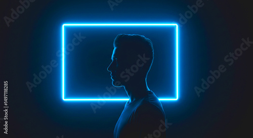 Silhouette of a person in profile against a bright blue neon square on a dark background scene style