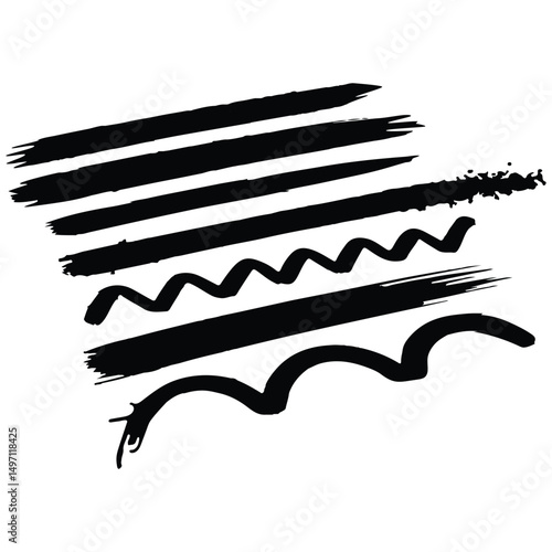 Black Brash Outline vector, Black crayon stroke set - straight, wavy underlines and decorative borders. Hand drawn divider design elements with rough edges and uneven texture.