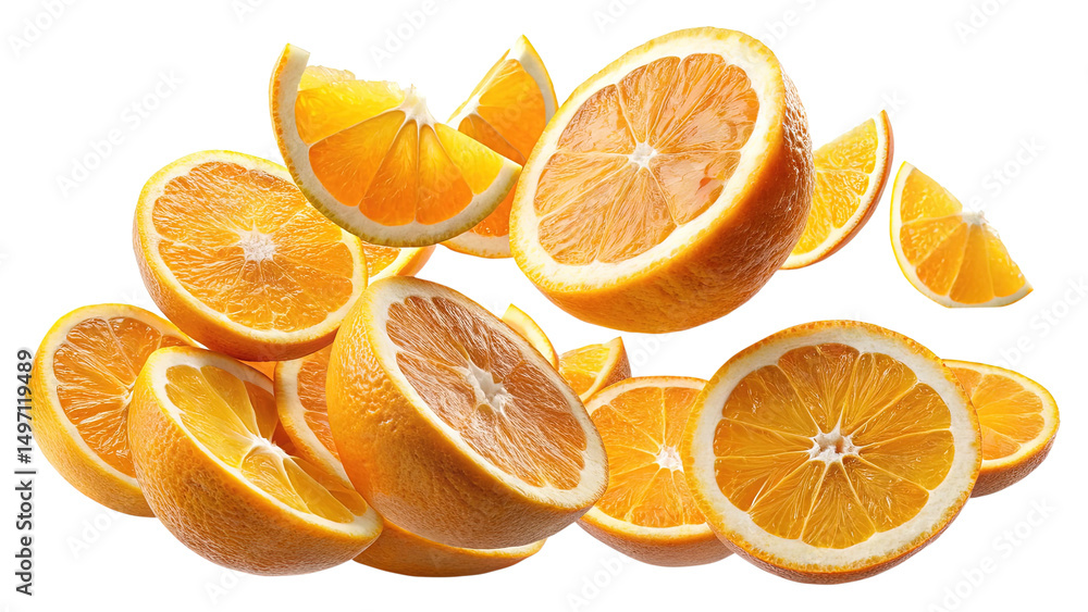 Fototapeta premium A vibrant cluster of sliced oranges on a clean white background provides contrast