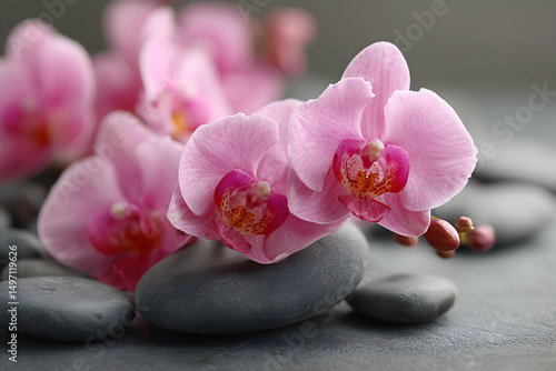 Pink orchids resting on gray stones.