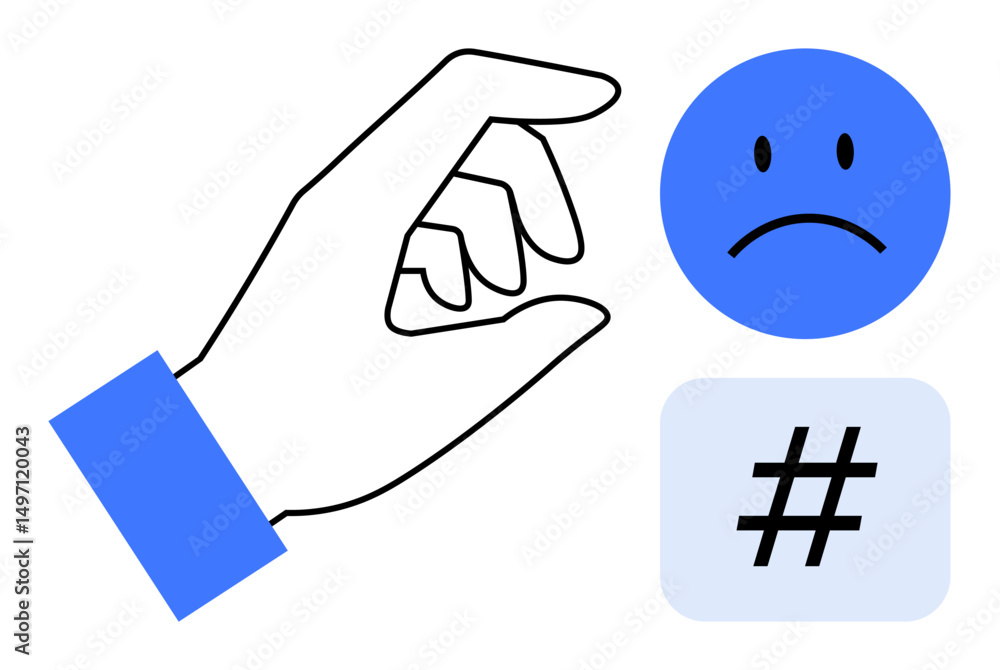 Hand pinching near blue sad face symbol and metadata tag. Ideal for negativity, social media impact, digital criticism, communication, emotions, behavior analysis, and simple landing page Hand pinching near blue sad face symbol and metadata tag. Ideal for negativity, social media impact, digital criticism, communication, emotions, behavior analysis, and simple landing page