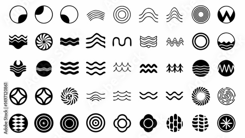 A collection of stylized icons evoking nature patterns and geometric forms in minimalist black line