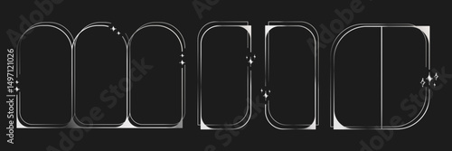 Y2K chrome frames, empty line art borders and graphic design elements with blinks. Vector illustration.