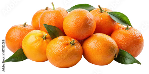 Pile of fresh tangerines with green leaves on a white background