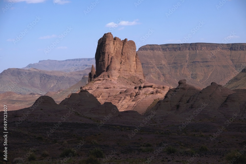Fototapeta premium Amazing mountain landscapes of Jebel Saghro with volcanic rocks eroded by wind and time. Atlas, Anti Atlas, Morocco