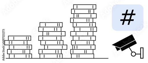 Gradually increasing coin stacks, bold metadata tag symbol, and wall-mounted surveillance camera. Ideal for finance, analytics, data security, social trends, business growth, technology simple