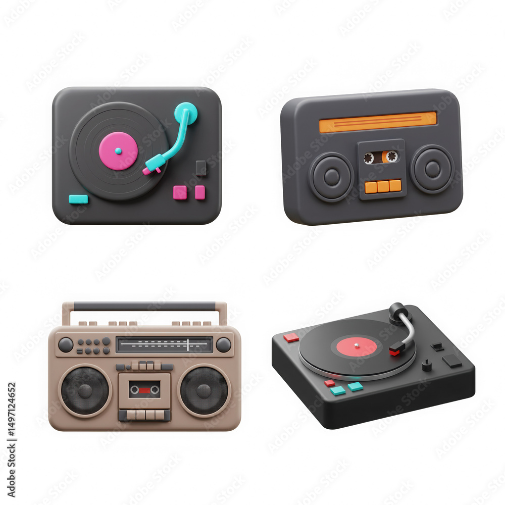 Fototapeta premium Assorted music players retro and modern style 3D Icon
