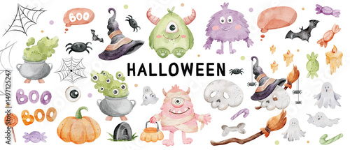 Happy Halloween set of elements, ghost, pumpkin, bat and cat.Watercolor is cute illustration in hand drawn style