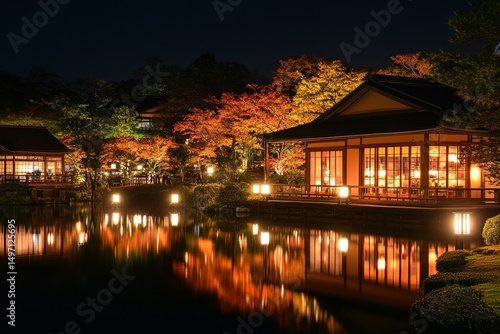 scenic view of a Japanese garden at night during autumn, with colorful trees lit by lanterns and reflections in the water, Generative AI