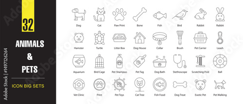 Cute Pets Line Art Icons – Thin Outline Animal Illustrations