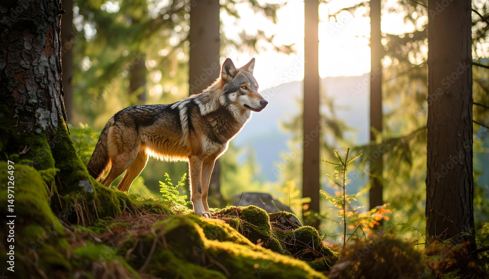 Obraz premium Wolf in serene pine forest photography vibrant ecosystem sunrise view