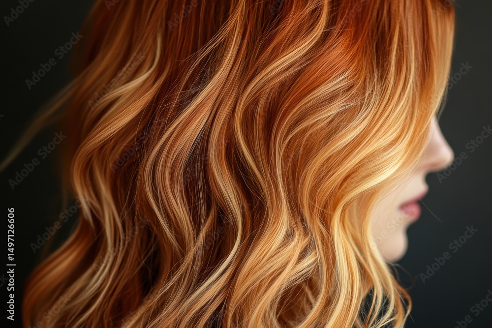 Naklejka premium Beautifully styled wavy hair showcasing shades of red and blonde on a woman in a close-up profile