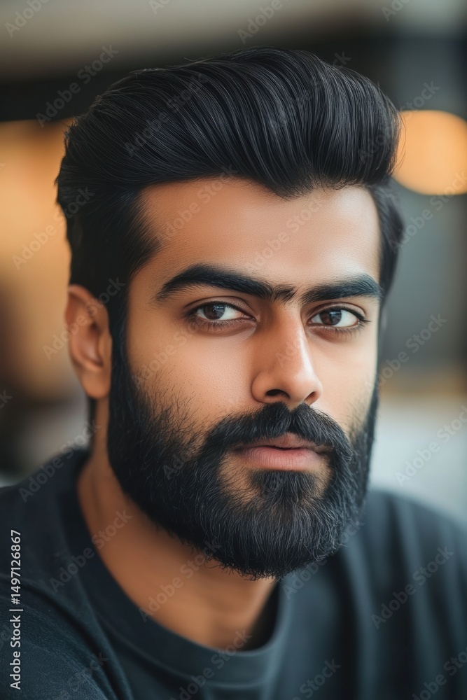 Young man with a stylish beard and hair sitting indoors during the day, exuding confidence and charm while looking directly at the camera Young man with a stylish beard and hair sitting indoors during the day, exuding confidence and charm while looking directly at the camera