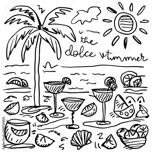 A black and white line art drawing depicting a relaxing beach scene with tropical cocktails, a palm tree, seashell, and a sunset over the ocean. A perfect representation of summer relaxation.

