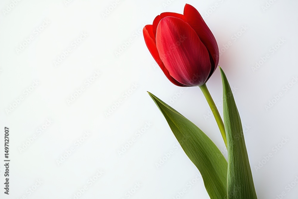 Bright red tulip stands elegantly against a white backdrop, showcasing its vibrant petals and lush green leaves in a simple yet striking composition Bright red tulip stands elegantly against a white backdrop, showcasing its vibrant petals and lush green leaves in a simple yet striking composition