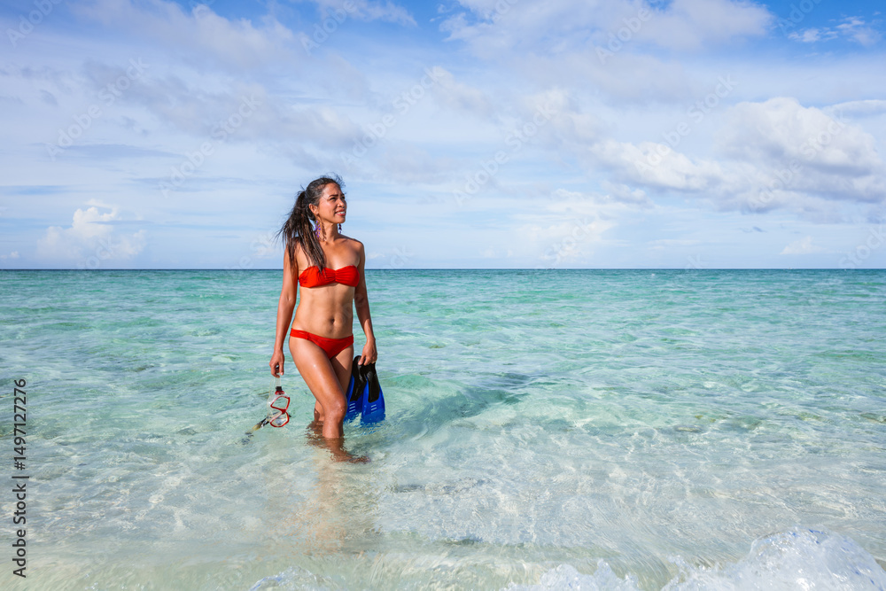 Asian woman with snorkeling gear, Camiguin Island, Philippines Asian woman with snorkeling gear, Camiguin Island, Philippines