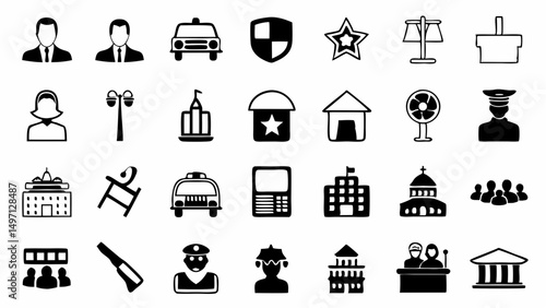 Vector icons representing civil services law enforcement and municipal resources in a minimalist