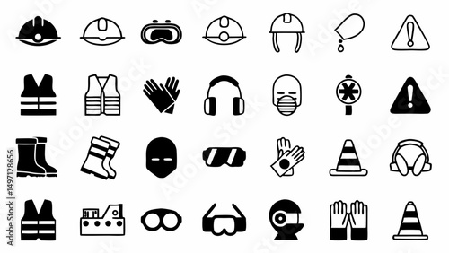 Ensuring Safety Essential Protective Gear and Hazard Symbols Displayed in a Black and White Vector
