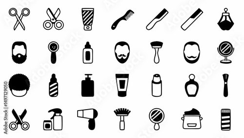 Achieve the Perfect Look Icon Set for Hairdressing and Grooming Products Tools in Black and White