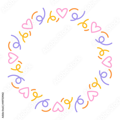 Heart and Spiral Holiday Ring. Romantic and cute celebratory circle combining confetti and playful swirls. Vector illustration for greeting cards and invitation