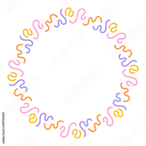 Party Squiggle Celebration Circle Frame. Energetic hand drawn roung wreath with curvy lines and squiggles in vivid colors. Vector illustration for greeting card and invitation
