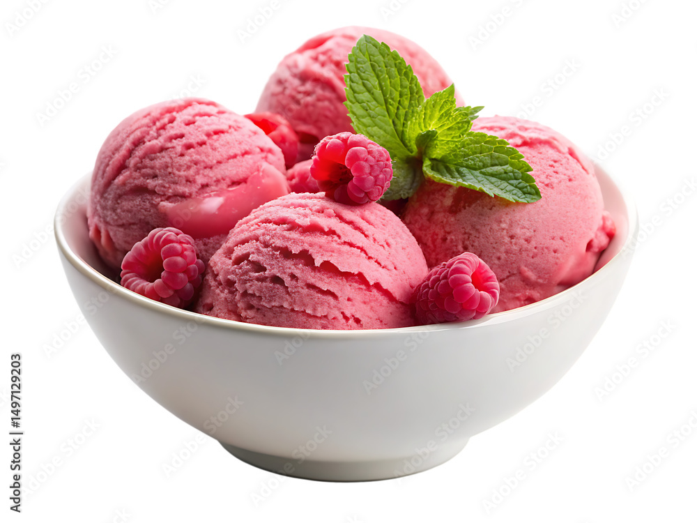pink raspberry ice cream in white bowl isolated on white background, PNG pink raspberry ice cream in white bowl isolated on white background, PNG