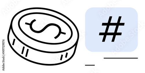 Coin with a dollar sign and a metadata tag highlighting digital economy, finance, social media, marketing, branding, modern technology, and innovation. Ideal for fintech, content strategy simple