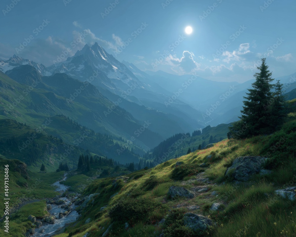 Fototapeta premium Serene Mountain Valley Landscape Under Bright Sunlight