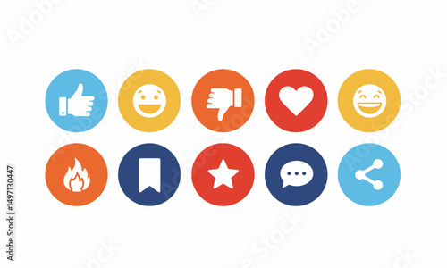 Vibrant circular icons for social media and user engagement, including like, dislike, love, happy, comment, share, bookmark, star, and flame, ideal for digital design.