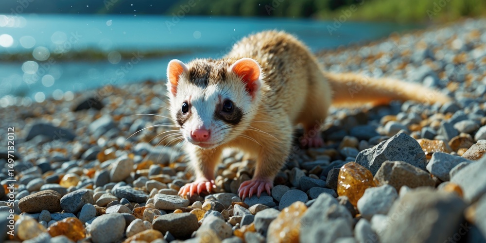 Fototapeta premium Ferret walking on pebble beach with water in background.