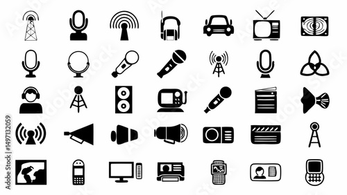 A diverse array of communication icons broadcasting media and technology on a white backdrop in
