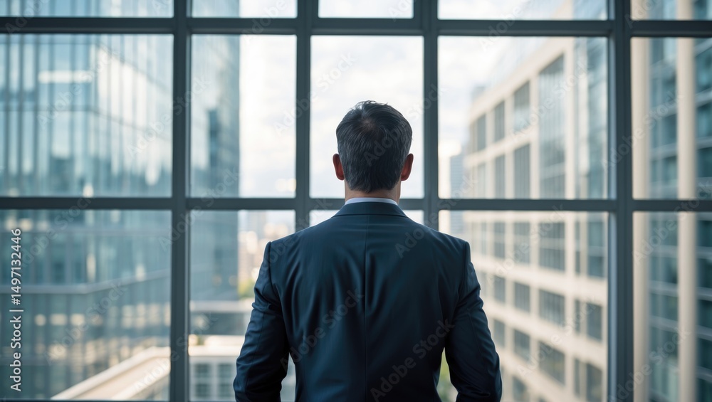 Fototapeta premium A man in a suit looking out of a large window at city buildings.