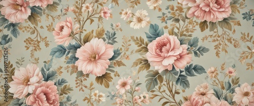 Pastel floral vintage wallpaper, gold accents, backdrop, romantic, design