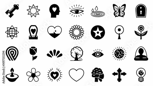 Symbol Collection Heart Flower Eye and Mind Icons Expressing Love Vision Thought in Bold Black and
